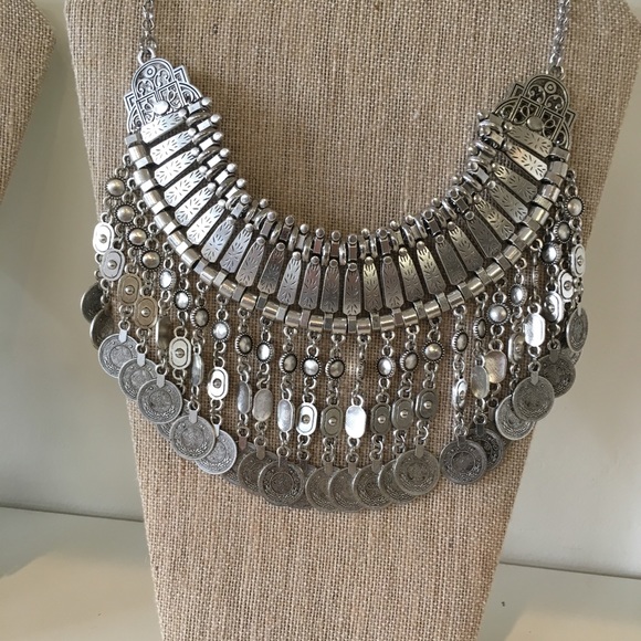Silver Coin Boho Statement Collar Necklace - Picture 4 of 4